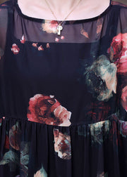 Bohemian Black Knitterdruck Chiffon Langes Kleid und Kleid Spaghettiträger Zweiteiler Anzug Set Sommer
