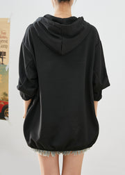 Bohemian Black Zip Up Hooded Oversized Cotton Sweatshirts Top Fall