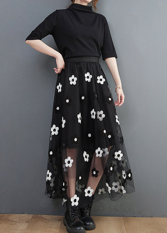 Bohemian Black elastic waist Tulle A Line Skirt Spring
