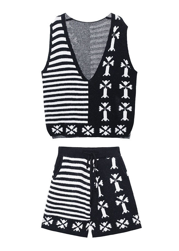 Bohemian Black fashion V Neck Jacquard Knit Vest + Wide Leg Fall Two Pieces Set