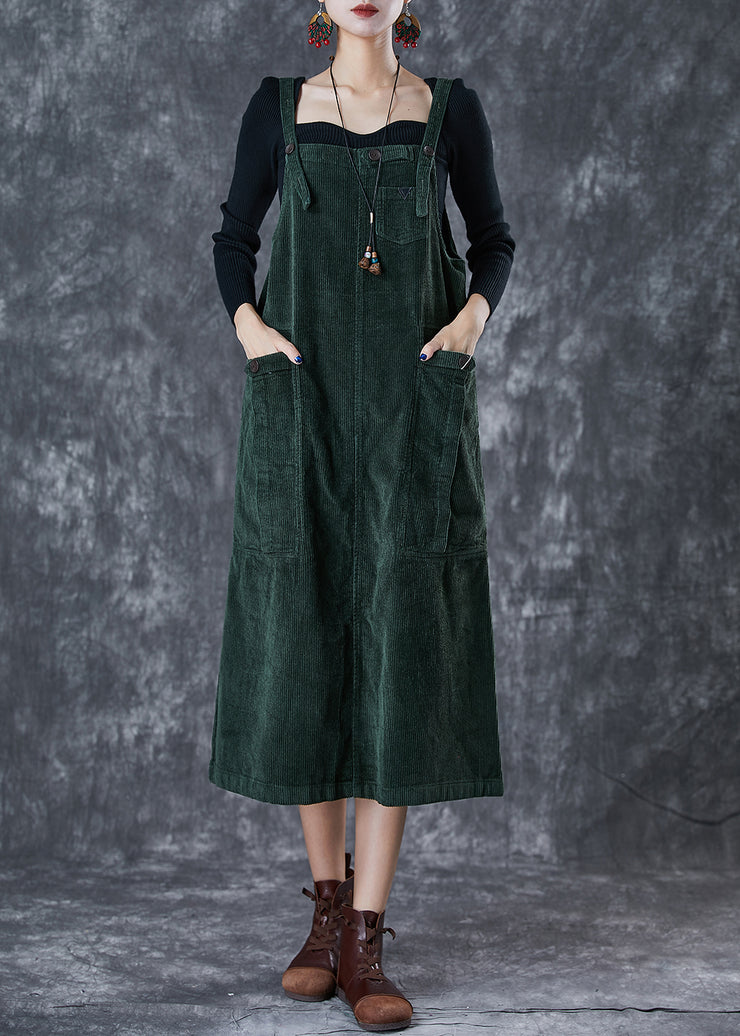 Bohemian Blackish Green Oversized Pockets Corduroy Strap Dress Fall