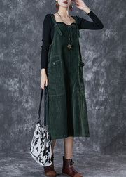Bohemian Blackish Green Oversized Pockets Corduroy Strap Dress Fall