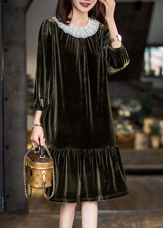 Bohemian Blackish Green Ruffled Patchwork Silk Velour Maxi Dresses Winter