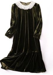Bohemian Blackish Green Ruffled Patchwork Silk Velour Maxi Dresses Winter