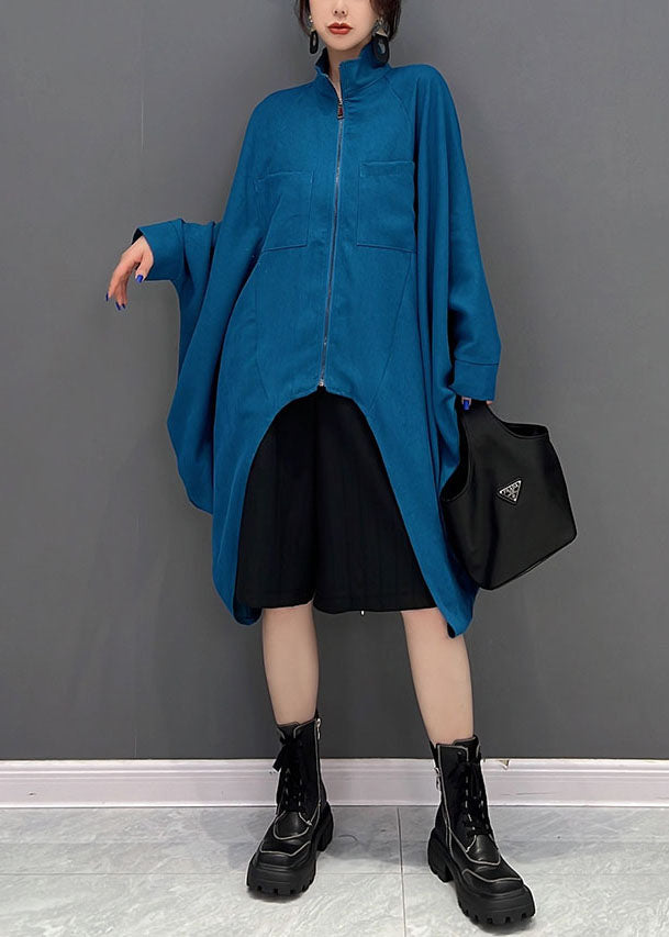 Bohemian Blue Asymmetrical Design Zippered Cotton Coat Fall