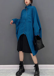 Bohemian Blue Asymmetrical Design Zippered Cotton Coat Fall