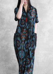 Bohemian Blue Black V Neck Print Wrinkled Silk Ankle Dress Summer