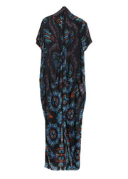 Bohemian Blue Black V Neck Print Wrinkled Silk Ankle Dress Summer