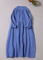 Bohemian Blue Button zerknitterte Leinenkleider mit langen Ärmeln