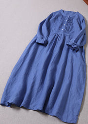 Bohemian Blue Button zerknitterte Leinenkleider mit langen Ärmeln