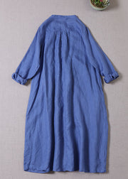 Bohemian Blue Button wrinkled Linen Dresses Long Sleeve