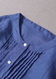 Bohemian Blue Button wrinkled Linen Dresses Long Sleeve