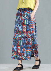 Bohemian Blue Elastic Waist Pockets Print Linen A Line Skirt Summer