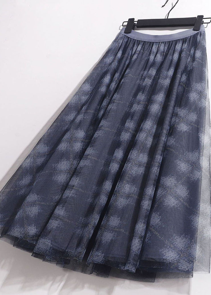 Bohemian Blue Elastic Waist Print Tulle Skirt Spring