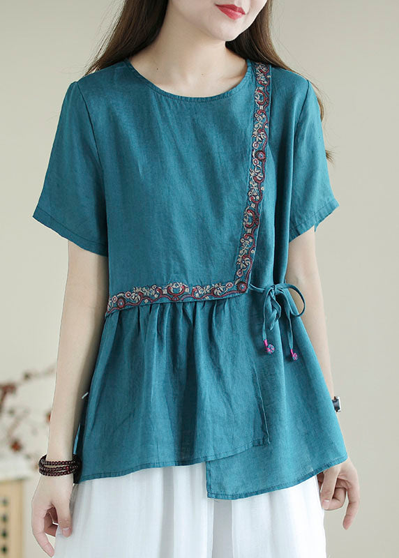 Bohemian Blue Embroidered  Shirt Top Short Sleeve