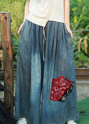 Bohemian Blue Embroidered Floral Pockets Elastic Waist Tie Waist Wide Leg Pants Summer