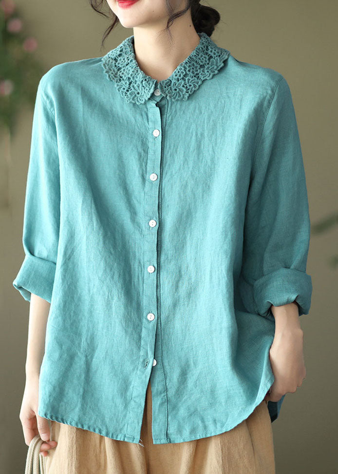 Bohemian Blue Embroidered Patchwork Linen Blouse Top Long Sleeve