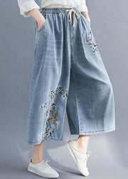 Bohemian Blue Embroidered Pockets Patchwork Denim Wide Leg Pants Summer