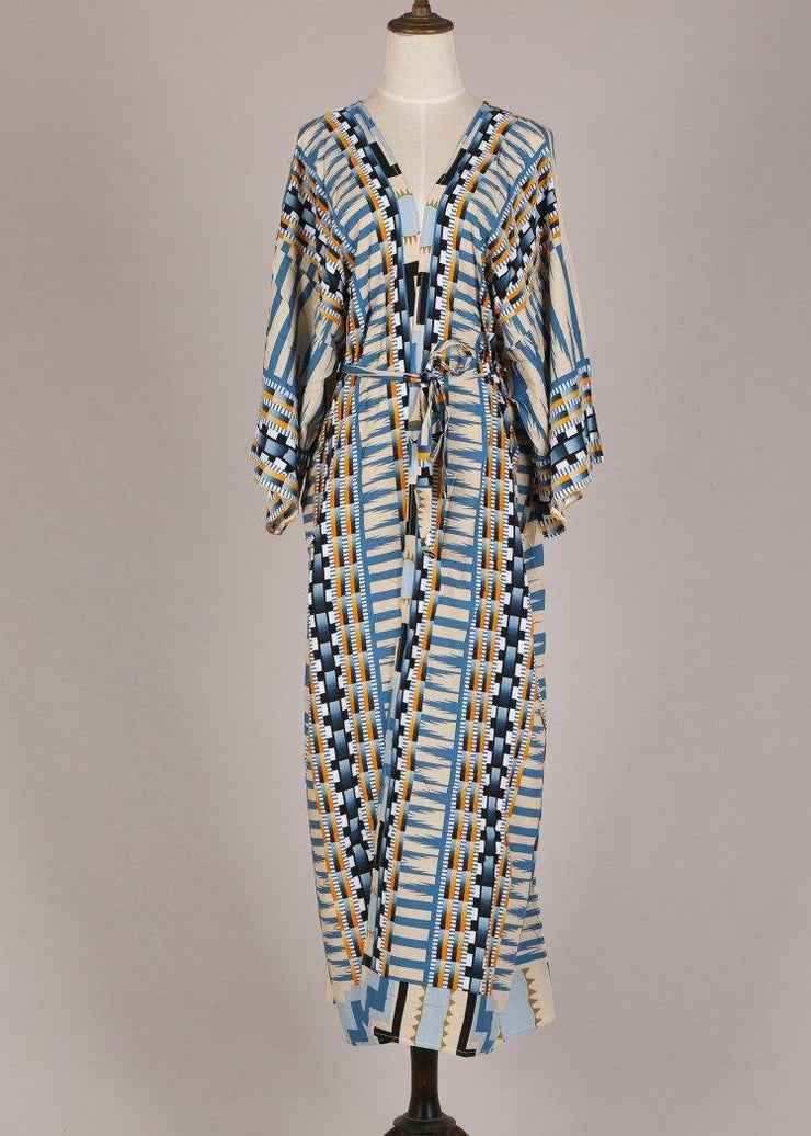 Bohemian Blue Geometric Print Long sleeve kimono robe Mid Summer Cotton - SooLinen