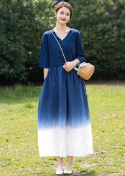 Bohemian Blue Gradient V Neck Hollow Out Patchwork Linen Dress Summer