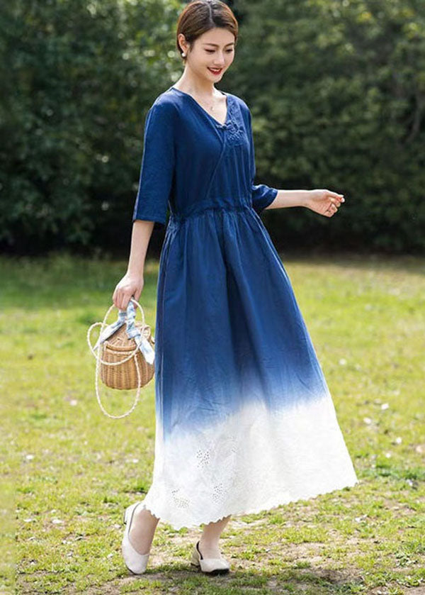 Bohemian Blue Gradient V Neck Hollow Out Patchwork Linen Dress Summer