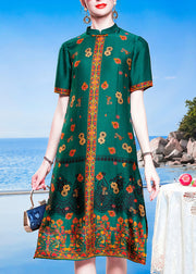 Bohemian Blue Green Mandarin Collar Print Side Open Silk Cheongsam Dresses Short Sleeve