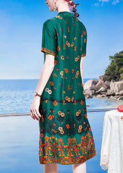 Bohemian Blue Green Mandarin Collar Print Side Open Silk Cheongsam Dresses Short Sleeve