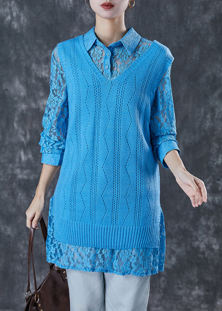 Bohemian Blue Hollow Out Knit Vest And Lace Shirt Two Piece Set Spring
