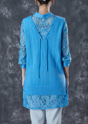 Bohemian Blue Hollow Out Knit Vest And Lace Shirt Two Piece Set Spring