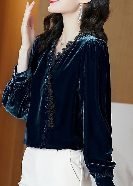 Bohemian Blue Lace Patchwork Silk Velour Blouse Tops Long Sleeve