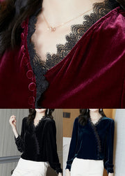 Bohemian Blue Lace Patchwork Silk Velour Blouse Tops Long Sleeve