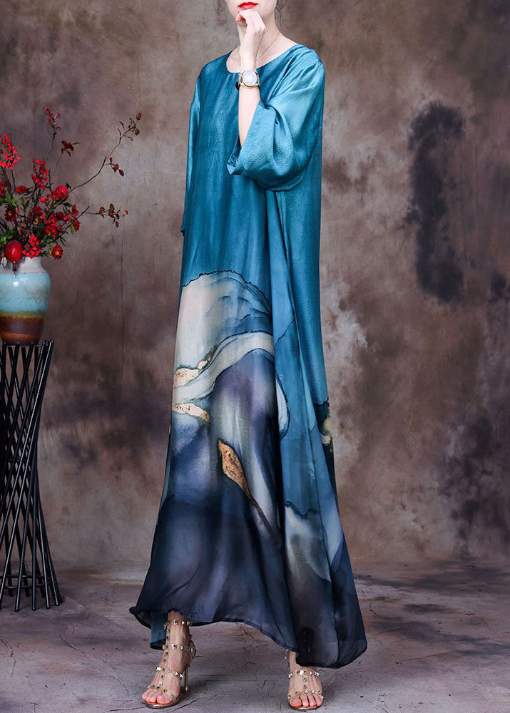 Bohemian Blue O-Neck Layered Design Print Silk Dresses For Women Bracelet Sleeve