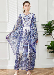 Bohemian Blue O-Neck Print Chiffon Maxi Dress Cloak Sleeves