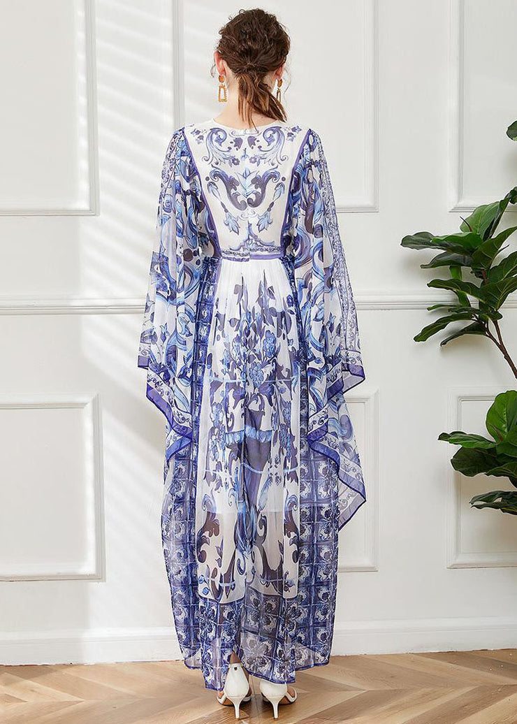 Bohemian Blue O-Neck Print Chiffon Maxi Dress Cloak Sleeves
