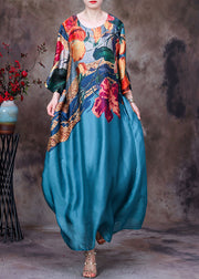 Bohemian Blue O-Neck Print Silk Party Dress Long Sleeve
