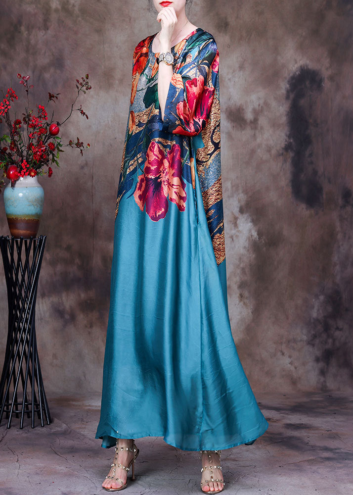 Bohemian Blue O-Neck Print Silk Party Dress Long Sleeve
