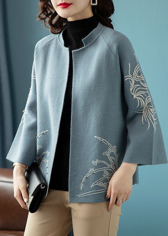Bohemian Blue O-Neck Print Woolen Loose Coat Long Sleeve
