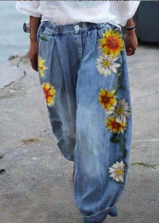 Bohemian Blue Oversized Sunflower Print Denim Harem Pants Summer