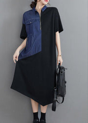 Bohemian Blue Patchwork zippered Maxi Summer Cotton Dress - SooLinen