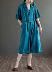 Bohemian Blue Pockets Button Vacation Summer Linen Dress - SooLinen