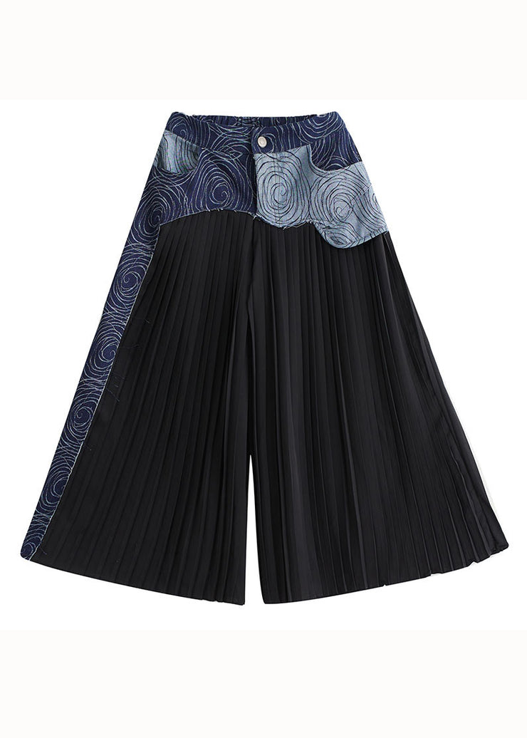 Bohemian Blue Pockets Wrinkled Denim Patchwork Cotton Wide Leg Pants Skirt Summer