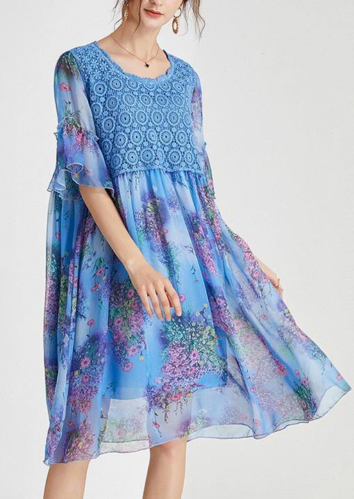 Bohemian Blue Print Chiffon Patchwork Summer Dresses - SooLinen