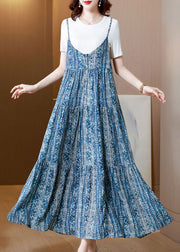 Bohemian Blue Print Patchwork Exra Large Hem Cotton Spaghetti Strap Dress Two Piece Set Summer