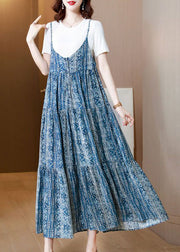 Bohemian Blue Print Patchwork Exra Large Hem Cotton Spaghetti Strap Dress Two Piece Set Summer