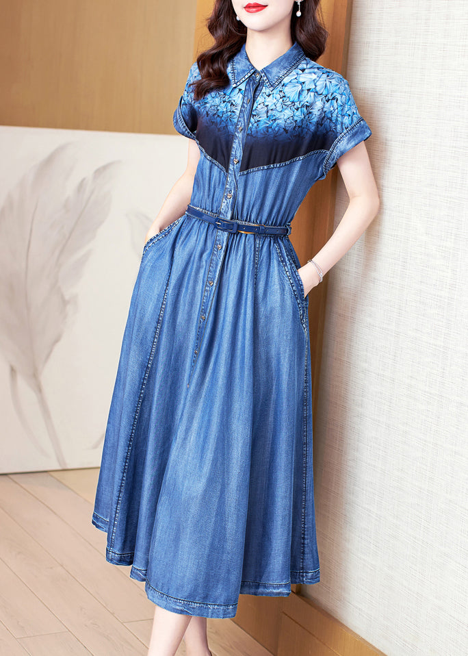 Bohemian Blue Print Pockets Patchwork Denim Dress Summer