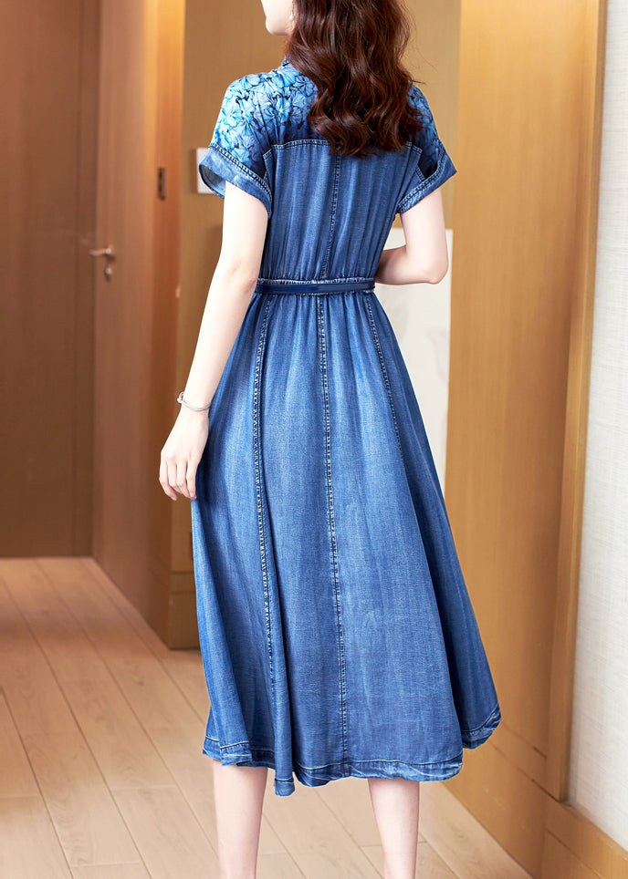Bohemian Blue Print Pockets Patchwork Denim Dress Summer