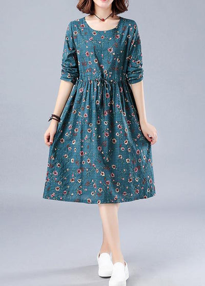 Bohemian Blue Print Robes O Neck Drawstring Daily Spring Dresses - SooLinen