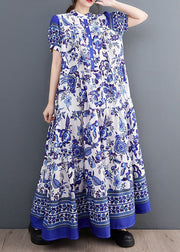 Bohemian Blue Print Stand Collar Chiffon Long Dress Lantern Sleeve