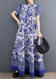 Bohemian Blue Print Stand Collar Chiffon Long Dress Lantern Sleeve