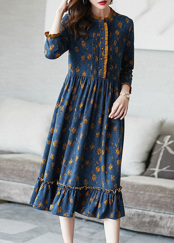 Bohemian Blue Ruffled Print Wrinkled Cotton Dress Bracelet Sleeve